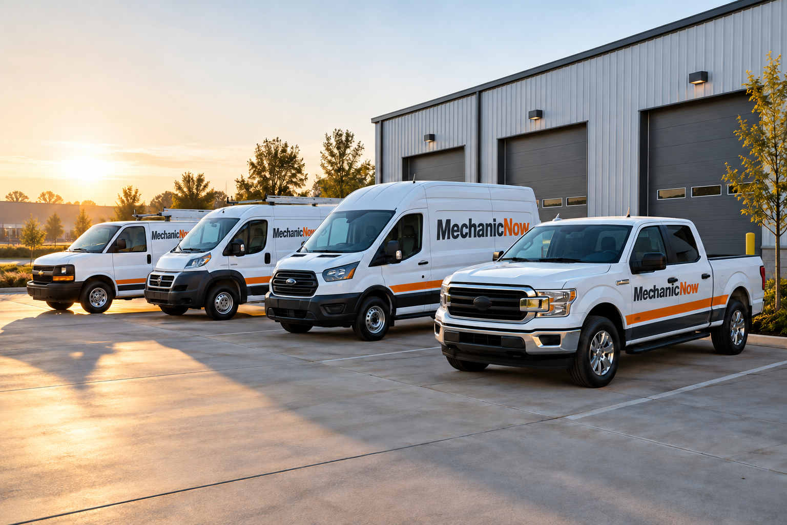 Illustrative commercial fleet of work vans and a pickup outside a business